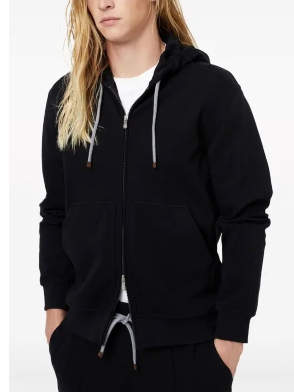Duluth Trading Co Drop tail Black Hooded Zip Jacket sweatshirt with Gray Lining